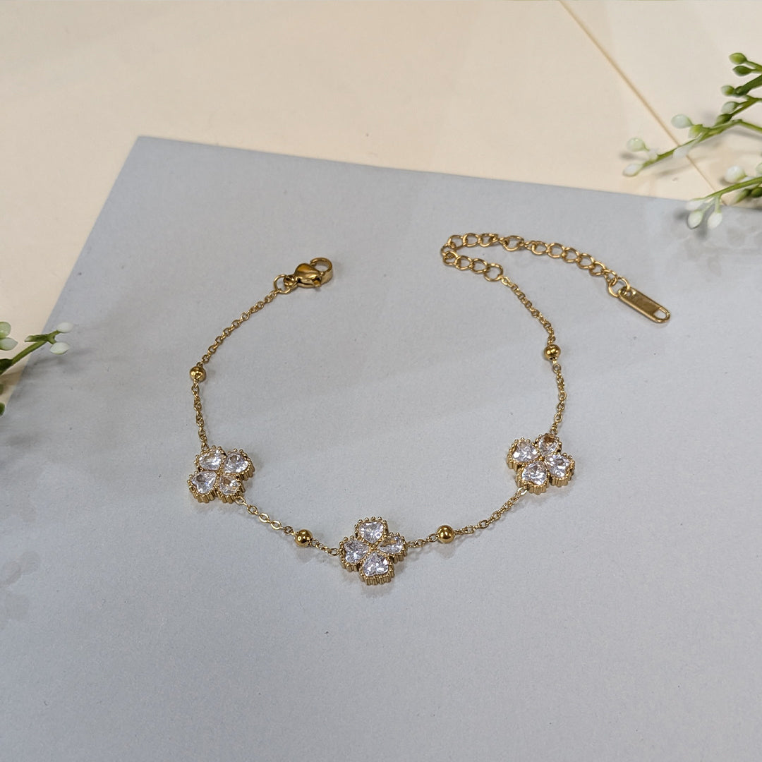 Gold Finish Triple Crystal Floral Bracelet For Girls & Women (Anti-Tarnish)