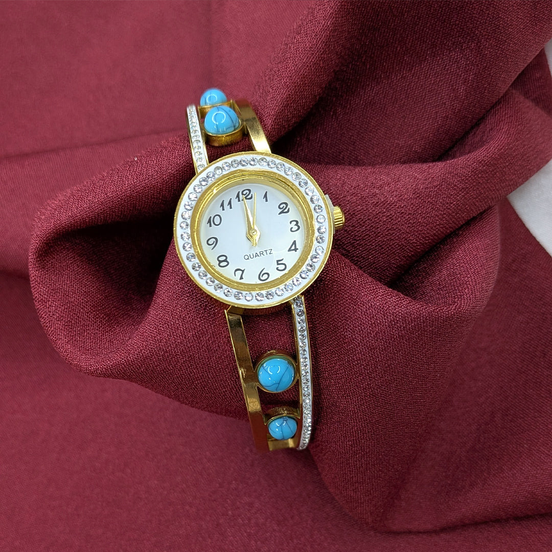 Classic Analog AD Studded With Blue Beaded Band Bracelet Watch For Girls & Women