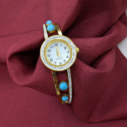 Classic Analog AD Studded With Blue Beaded Band Bracelet Watch For Girls & Women