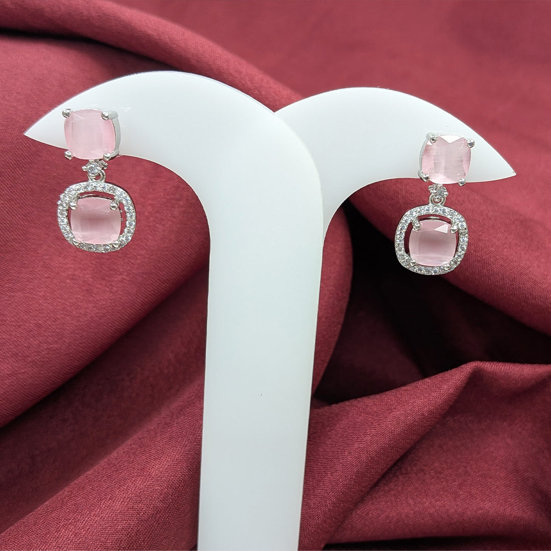 Silver Finish Elegant Cushion Cut AD Stone Drop Earrings for Girls & Women