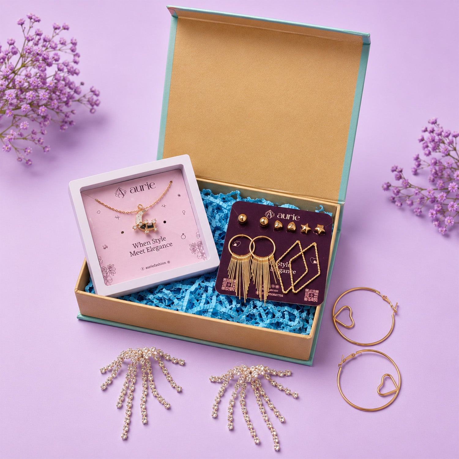 Gold Finish Necklace, Multi-Style Earrings & Heart Hoop Earrings Jewellery Gift Box