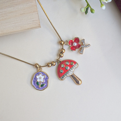 Gold Plated Enamel Mushroom, Floral & Pearl Charm Pendant For Girls & Women