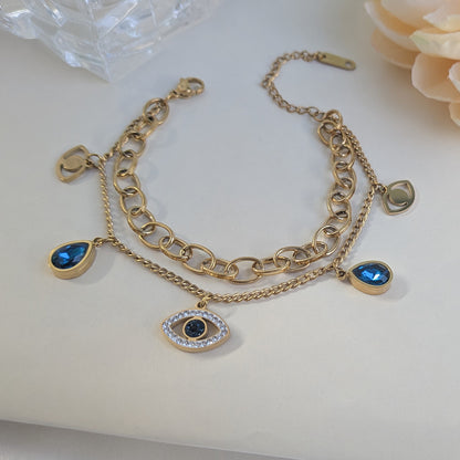 Gold Tone Dual Layer Link & Chain Bracelet with Blue Teardrop and Evil Eye Charms For Girls & Women