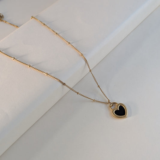 Gold Plated Black Enamelled Heart Pendant With Beaded Chain For Girls & Women