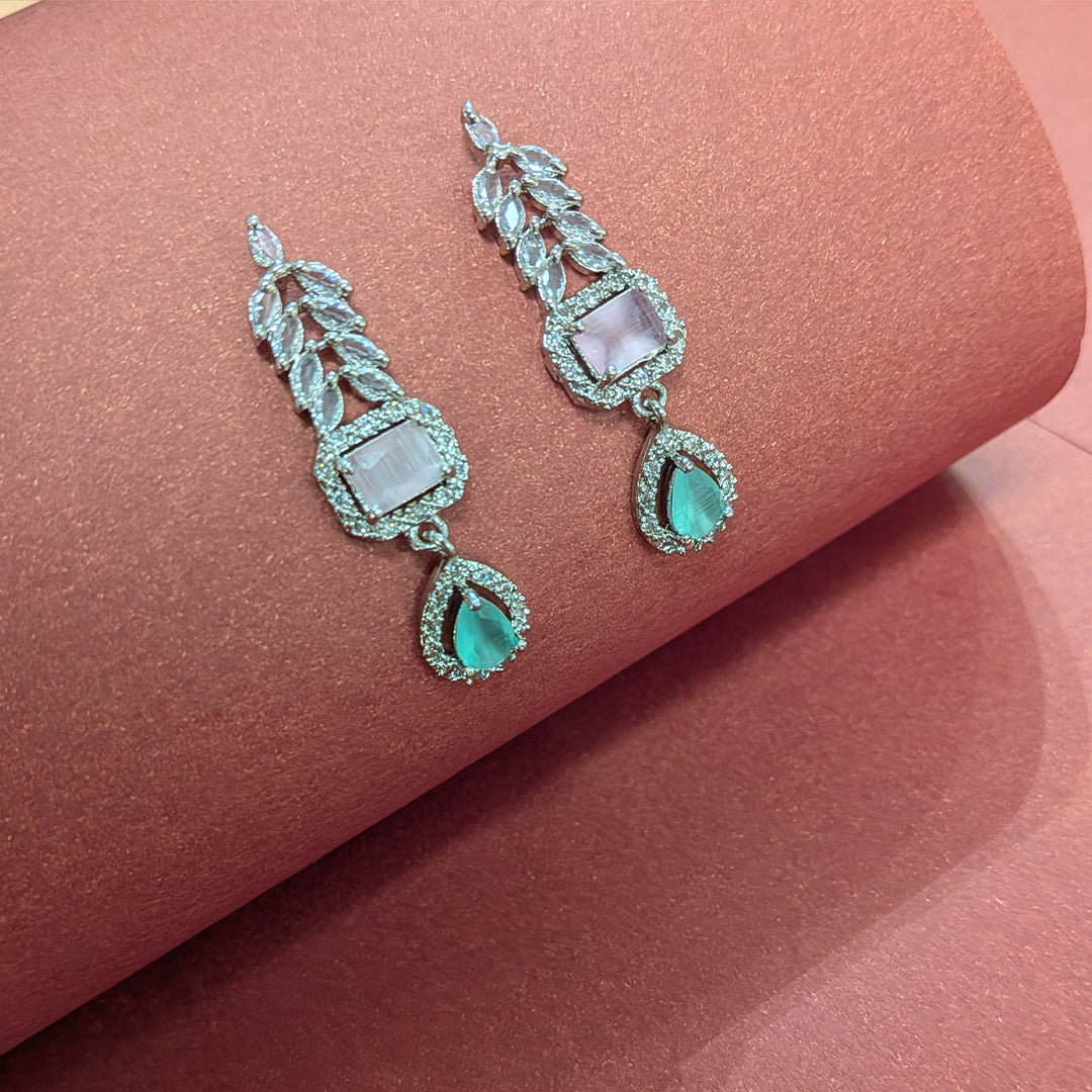 AD Luxe Square & Teardrop Gemstone Necklace With Matching Earrings For Women