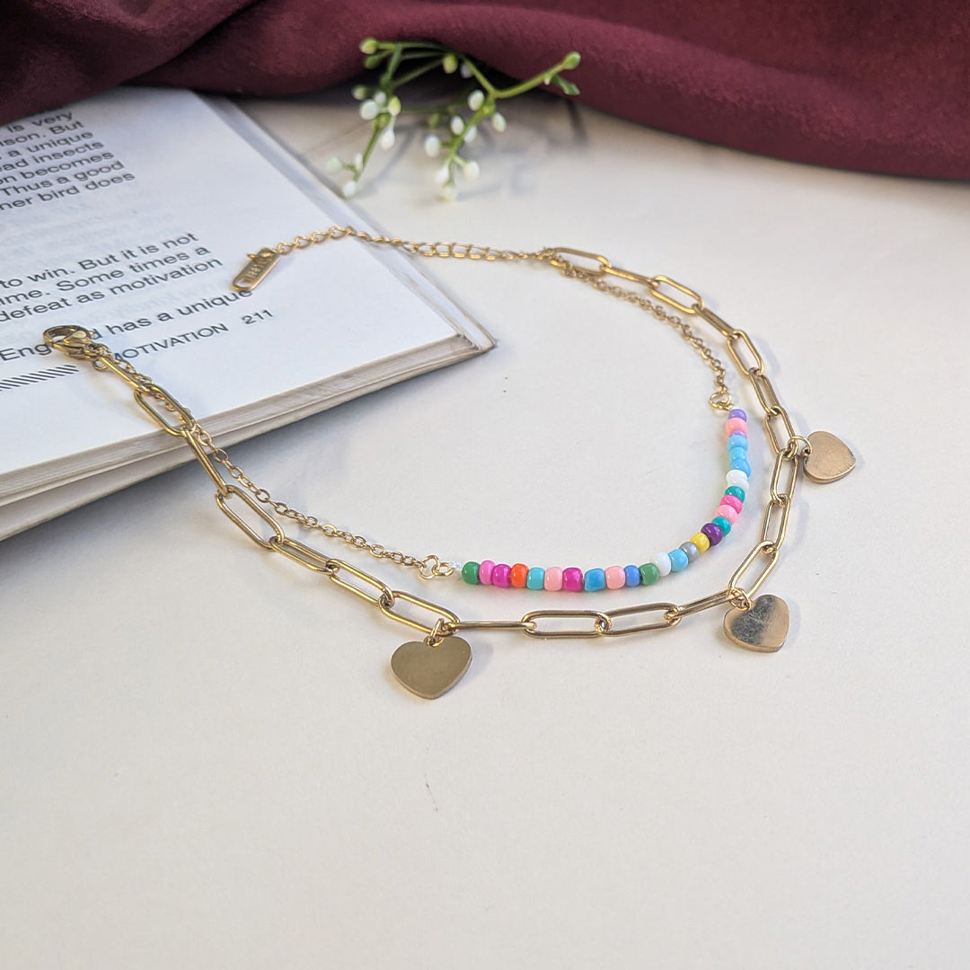 Gold Finish Multicolor Beaded With Heart Charm Anklet For Girls & Women