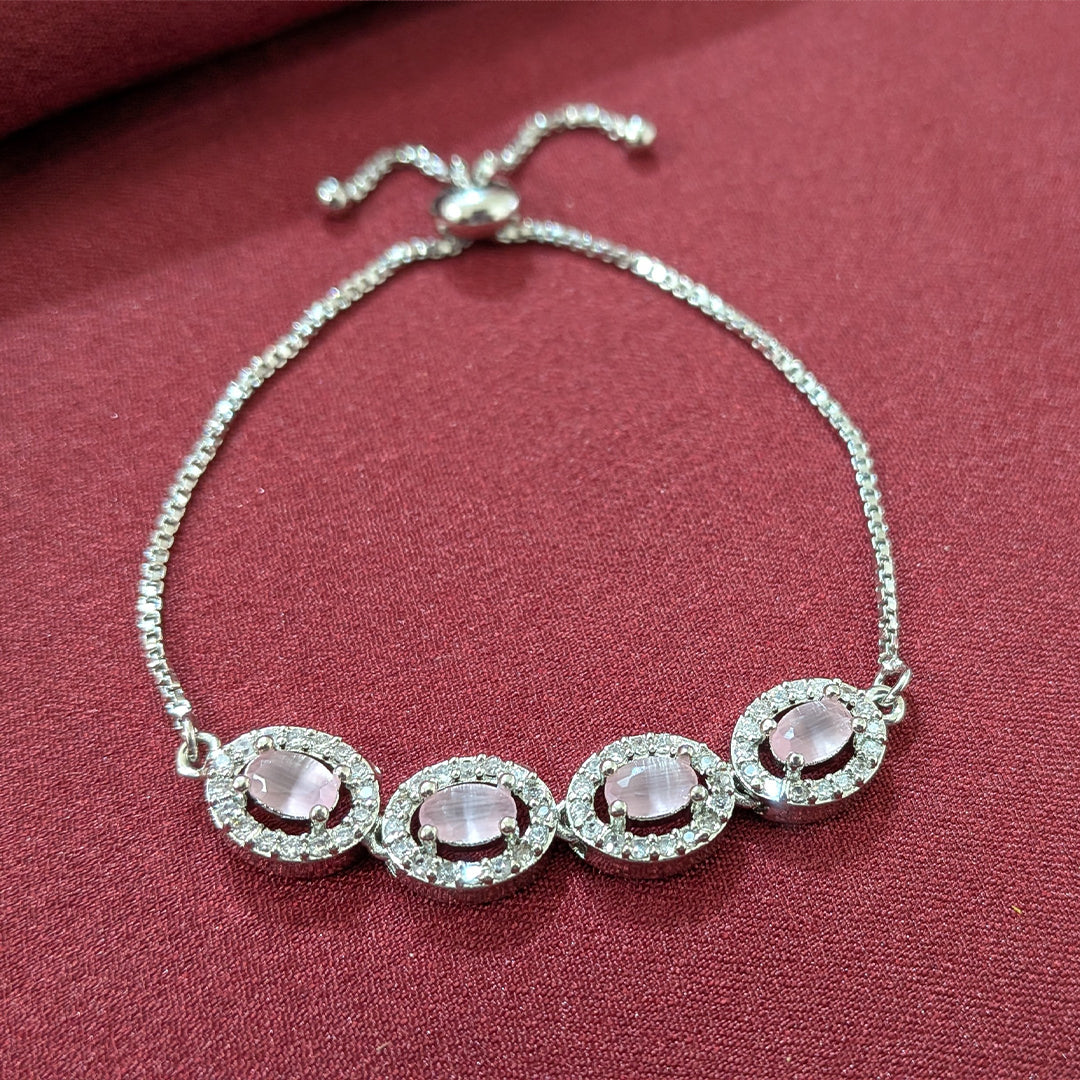Silver Finish Oval Pink Stone & AD Studded Adjustable Bracelet for Girls & Women