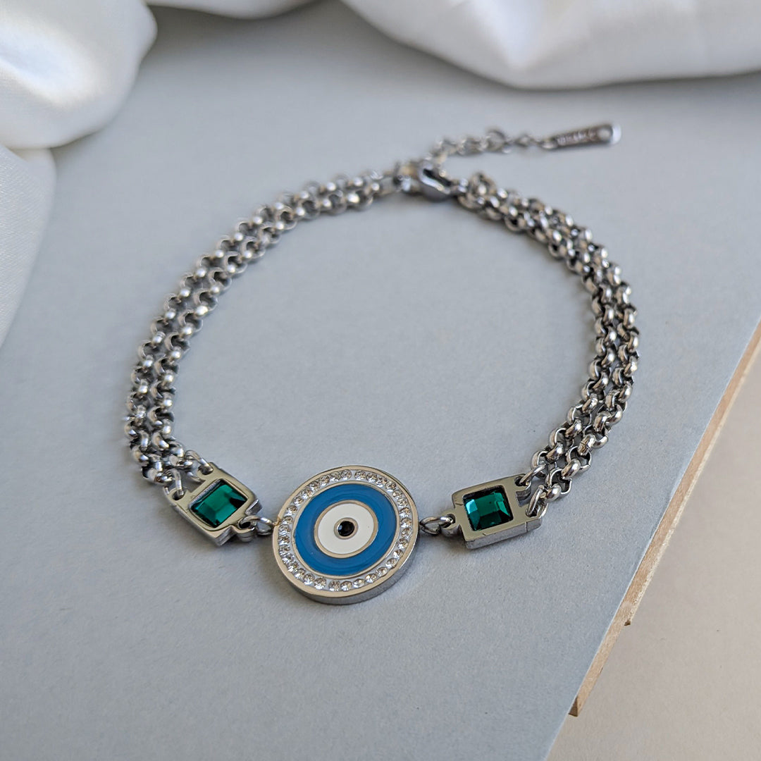 Silver Tone Evil Eye Bracelet with Green Stone Accents For Girls & Women