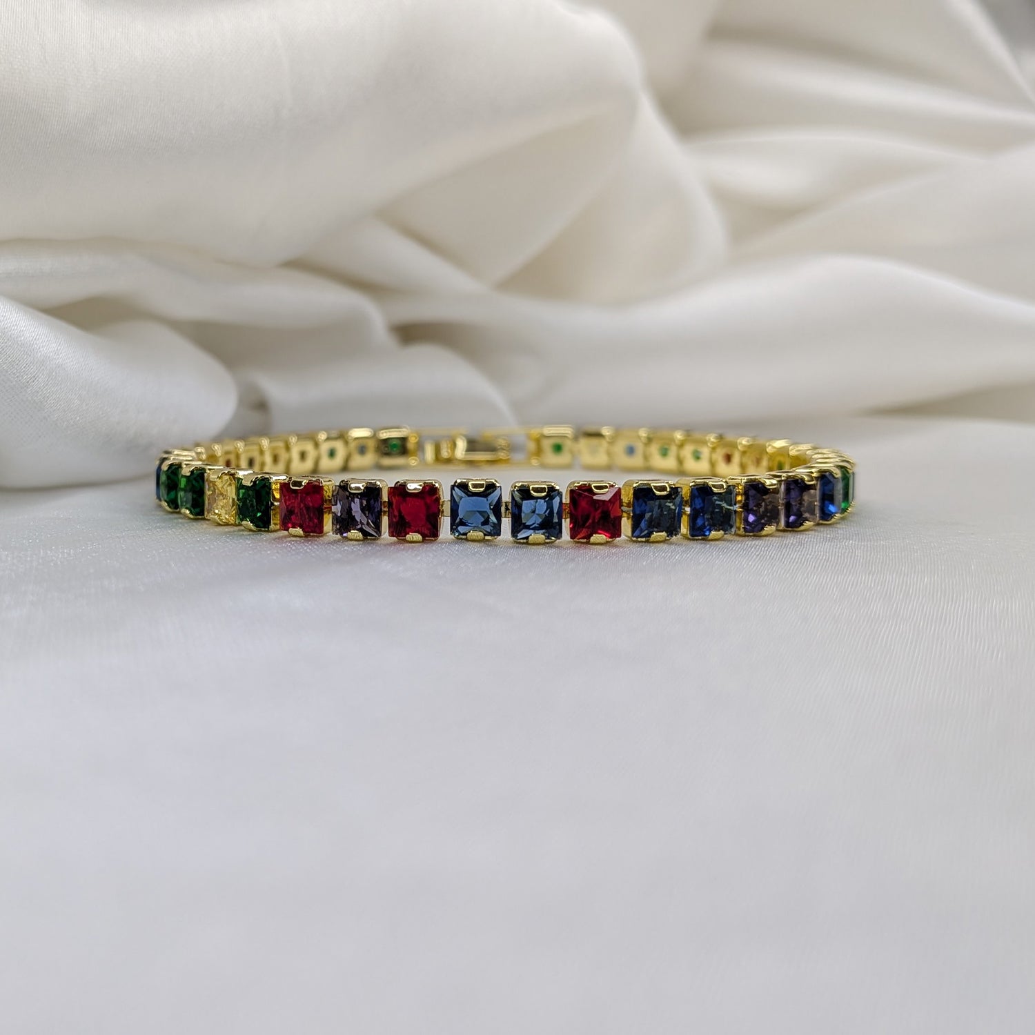 Rainbow Gemstone Square Crystal Tennis Bracelet for Women & Girls