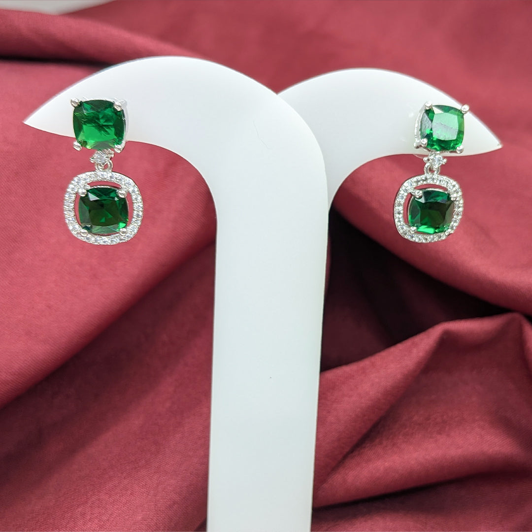 Silver Finish Elegant Cushion Cut AD Stone Drop Earrings for Girls & Women