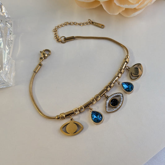 Gold Plated Evil Eye & Blue Teardrop Charm Snake Chain Bracelet