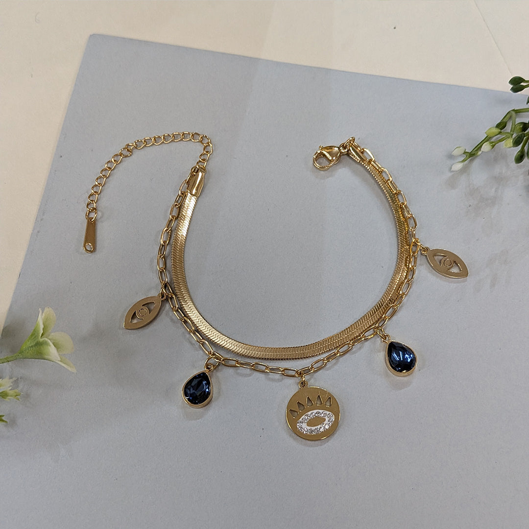 Stylish Gold Finish Evil Eye Charm with Blue Stones Bracelet For Girls & Women (Anti-Tarnish)