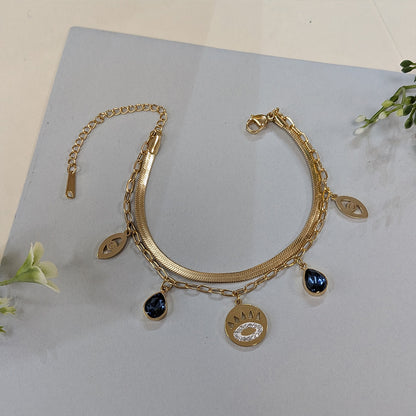 Stylish Gold Finish Evil Eye Charm with Blue Stones Bracelet For Girls & Women (Anti-Tarnish)
