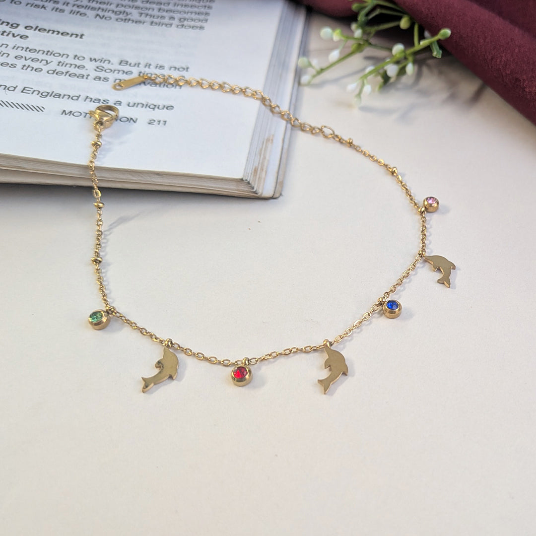 Golden Stainless Steel Dolphin Anklet With Stone Accents For Girls & Women