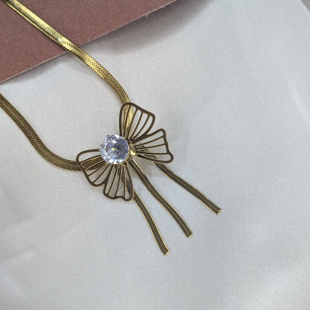 Gold Plated Bow Design Crystal Pendant & Earring Set for Women