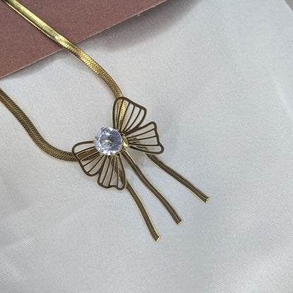 Gold Plated Bow Design Crystal Pendant & Earring Set for Women