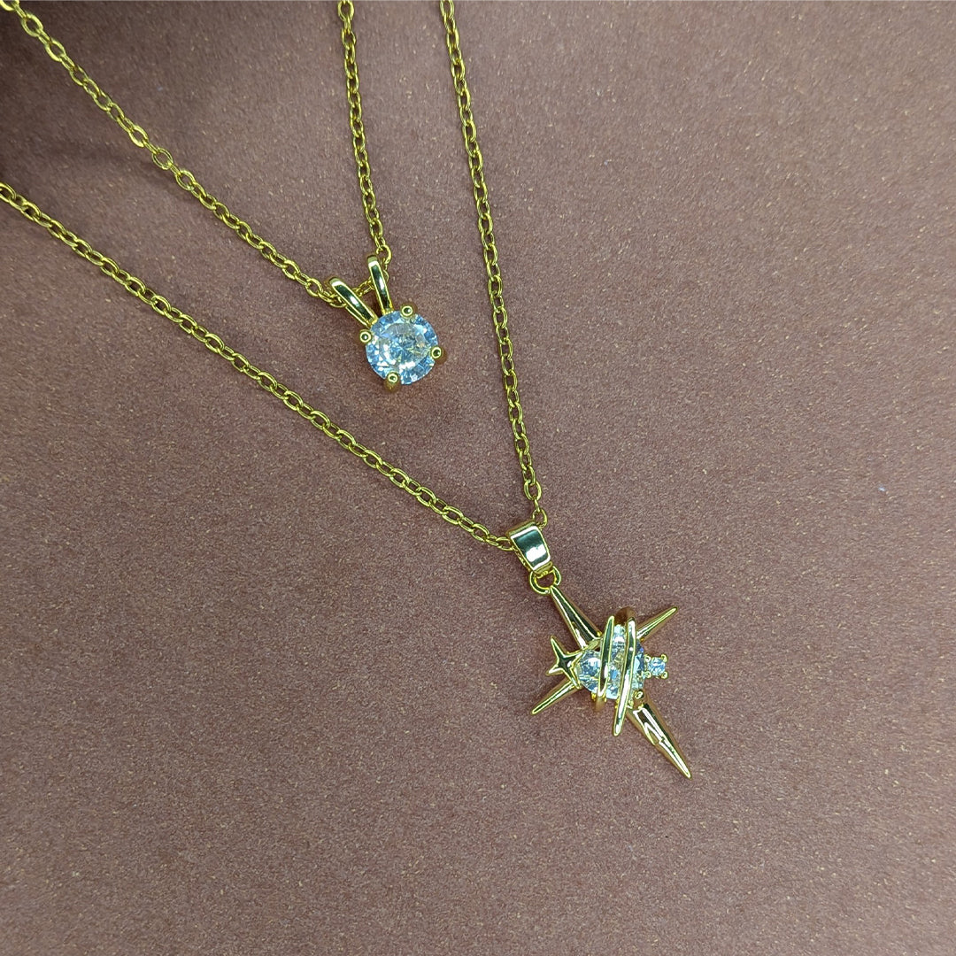 Gold Finish Layered Star & Solitaire Crystal Pendant For Girls & Women