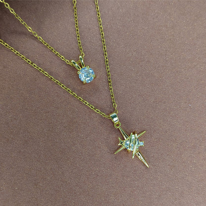 Gold Finish Layered Star & Solitaire Crystal Pendant For Girls & Women