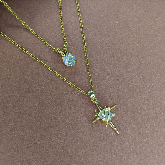 Gold Finish Layered Star & Solitaire Crystal Pendant For Girls & Women