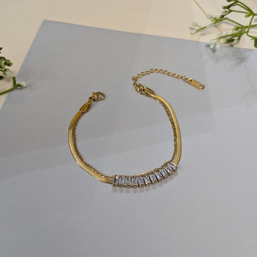 Gold Finish Dual Layered Baguette Crystal Bracelet For Girls & Women (Anti-Tarnish)