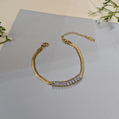 Gold Finish Dual Layered Baguette Crystal Bracelet For Girls & Women (Anti-Tarnish)