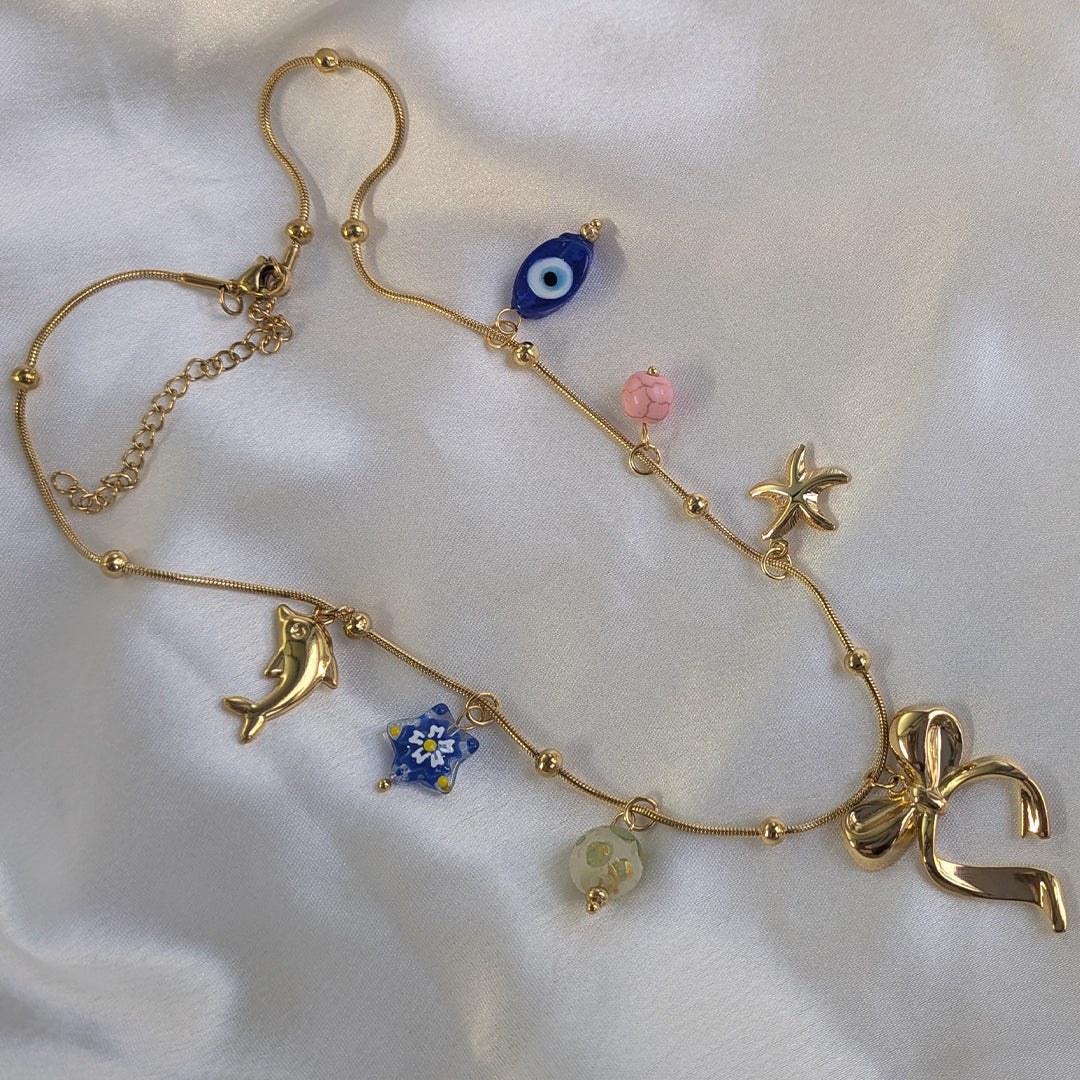 18K Gold Plated Glamorous Bow with Evil Eye Charm Pendant (Anti Tarnish)