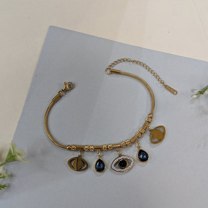 Gold Finish Navy Blue Evil Eye Charm Bracelet For Girls & Women (Anti-Tarnish)