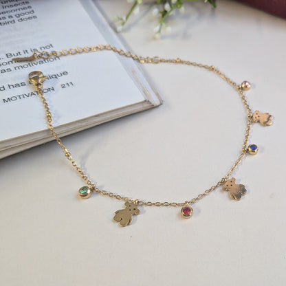 Gold Tone Anti Tarnish Teddy Bear Anklet with Colorful Stone For Girls & Women