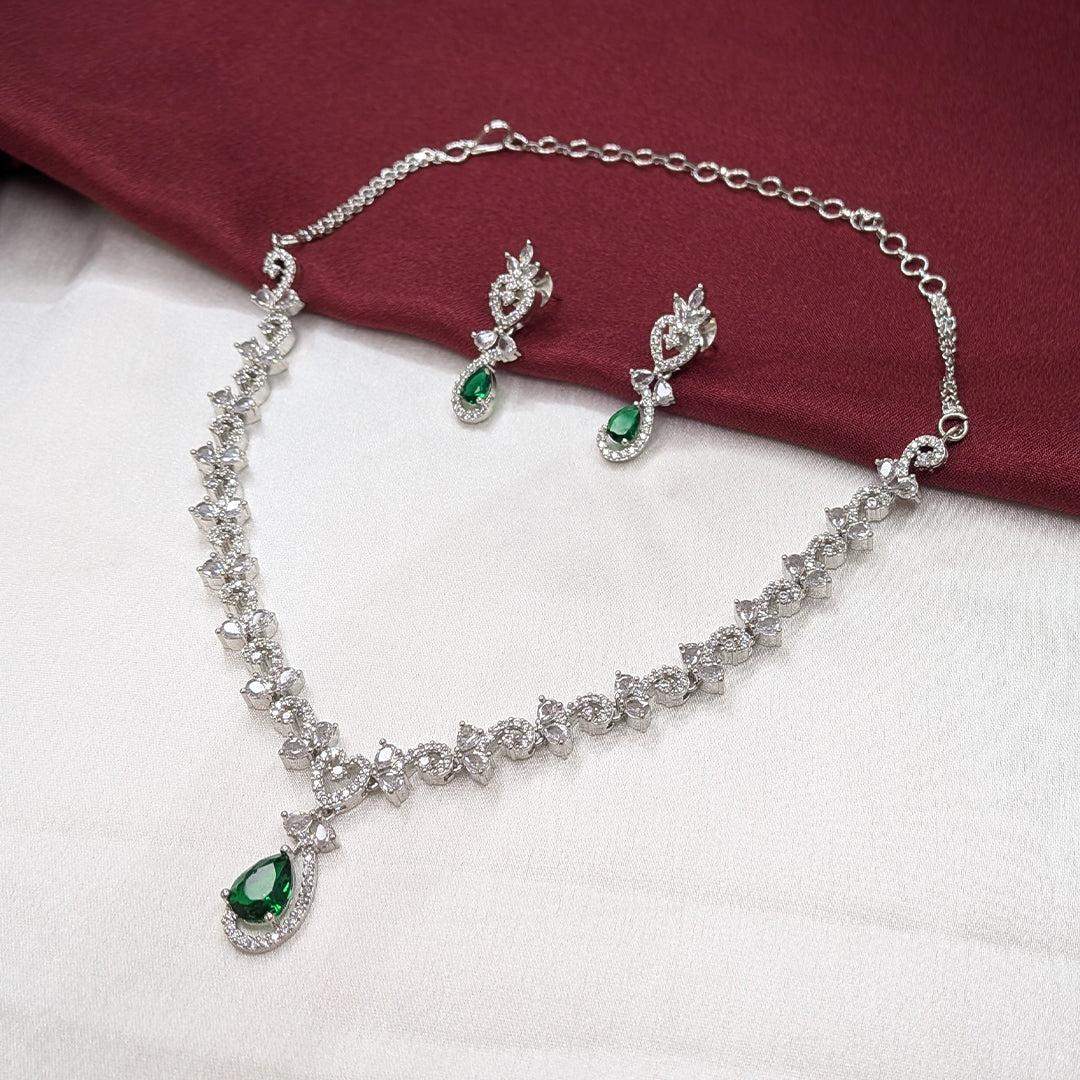 American Diamond Teardrop Green Stone Necklace Set with Matching Earrings