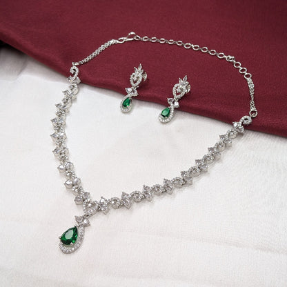American Diamond Teardrop Green Stone Necklace Set with Matching Earrings