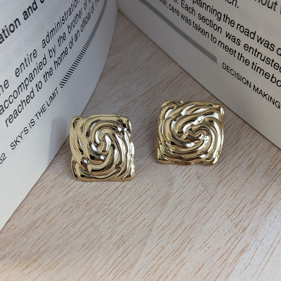 Gold Finish Retro Square Swirl Earrings For Girls & Women (Anti-Tarnish)