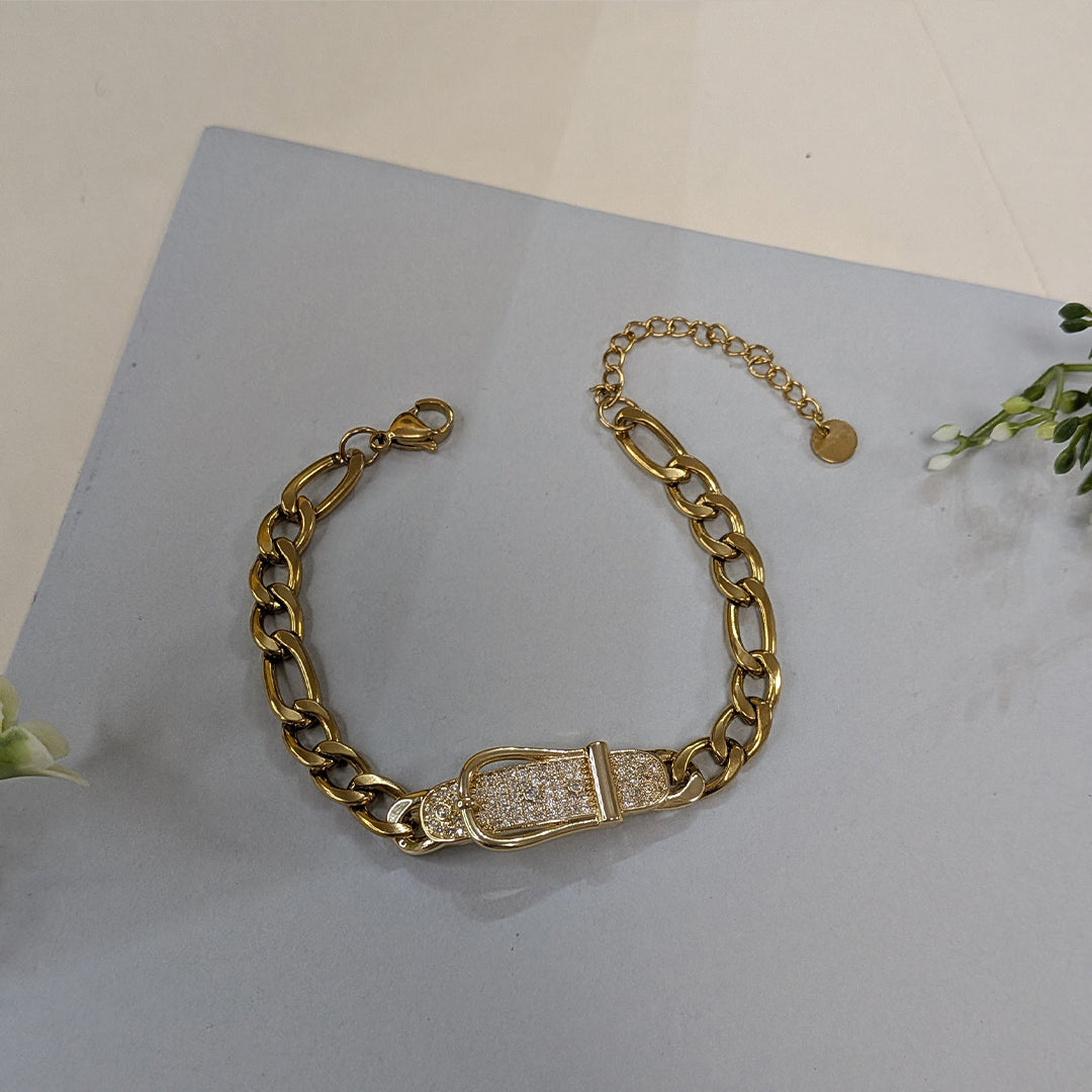 Gold Finish Crystal Buckle Charm Bracelet For Girls & Women (Anti-Tarnish)