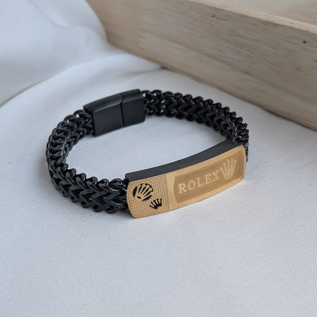 Rolex Brand Inspired Black Woven Stainless Steel Bracelet With Clasp For Men