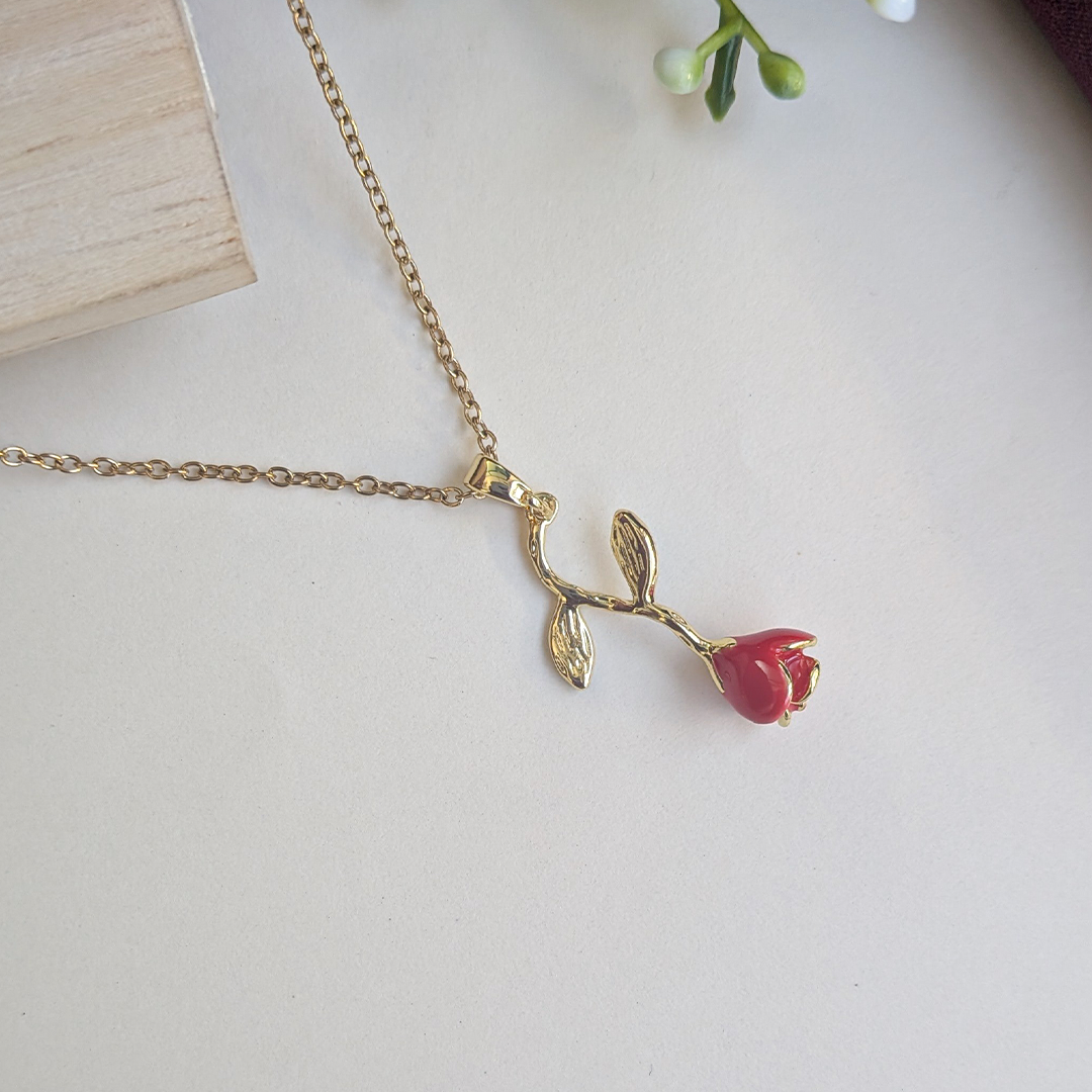 Gold Plated Red Enamel Rose Flower Pendant For Girls & Women