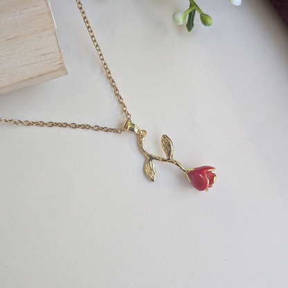 Gold Plated Red Enamel Rose Flower Pendant For Girls & Women