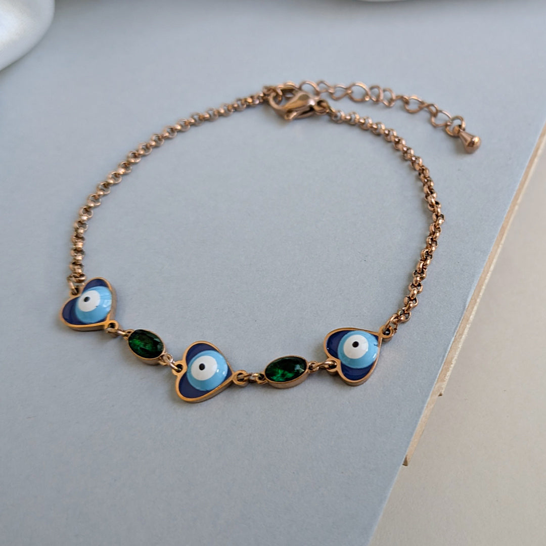 Gold Tone Heart Shaped Evil Eye Bracelet With Green Stone Accent For Girls & Women