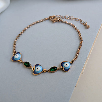 Gold Tone Heart Shaped Evil Eye Bracelet With Green Stone Accent For Girls & Women