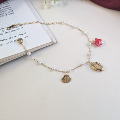 Gold Tone Pearl Beaded Sea Shell & Star Charm Anklet For Girls & Women