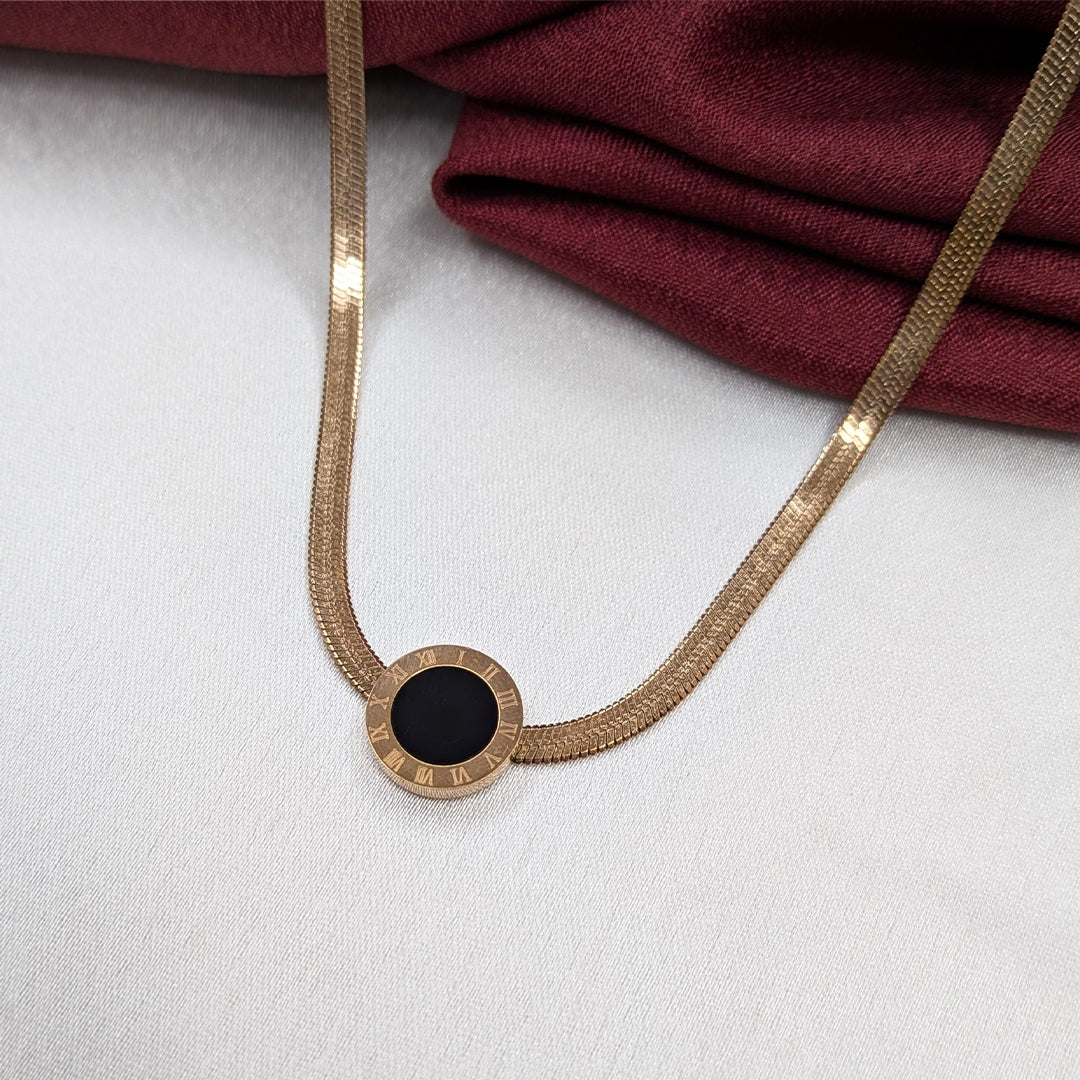 Premium Gold Plated Black Enamel Roman Circle Pendant For Girls & Women