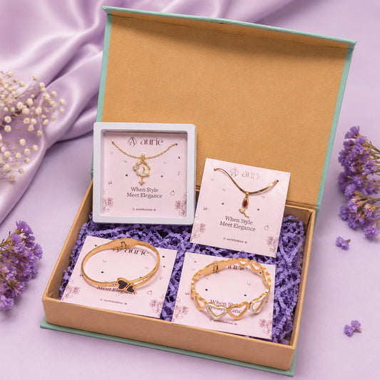 Elegant Gold Finish Necklace & Heart Design Bracelets, Rakhi Gift for Sister, Stylish Jewellery Gift Box