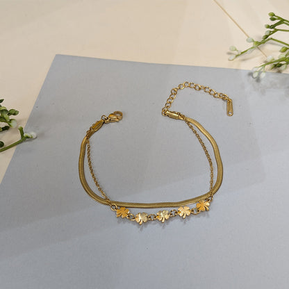 Gold Finish Dual Layered Lucky Clover & Flat Snake Chain Bracelet For Girls & Women (Anti-Tarnish)