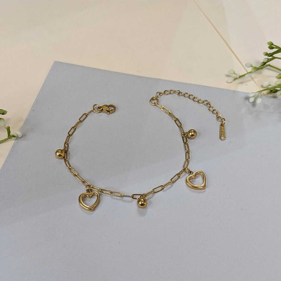 Gold Finish Heart Drops Link Chain Bracelet For Girls & Women