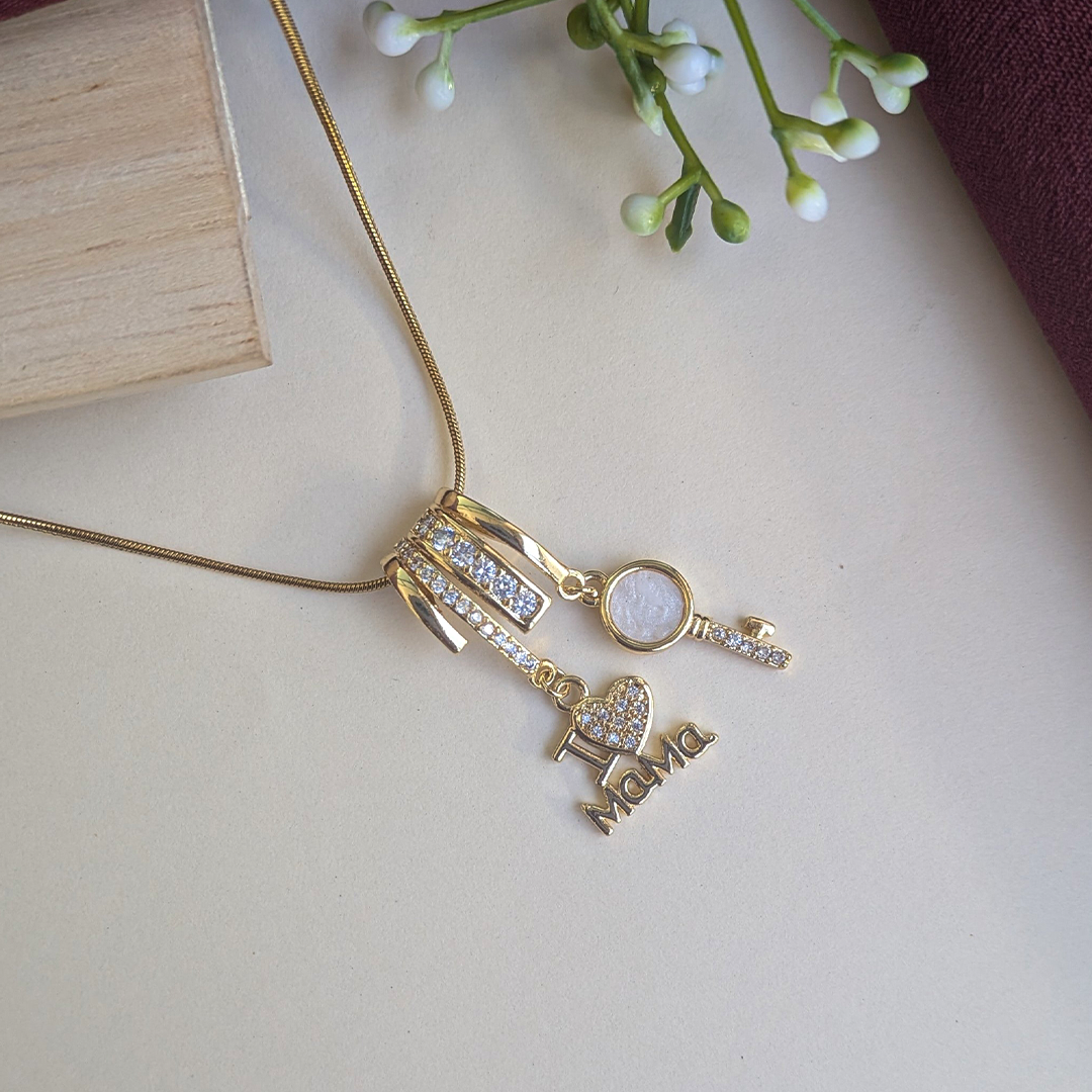 Gold Plated “I Love Mama” & Key Charm Crystal Pendant For Girls & Women