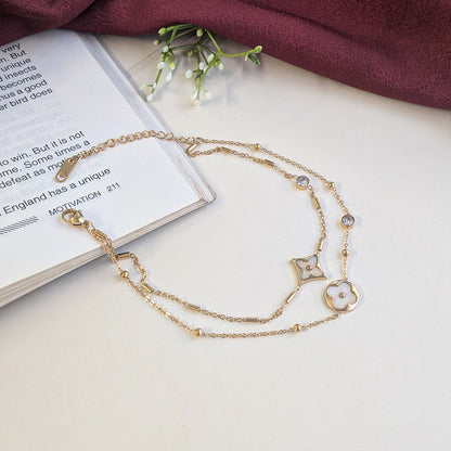 Gold Finish Clover & Star Layered Anklet For Girls & Women