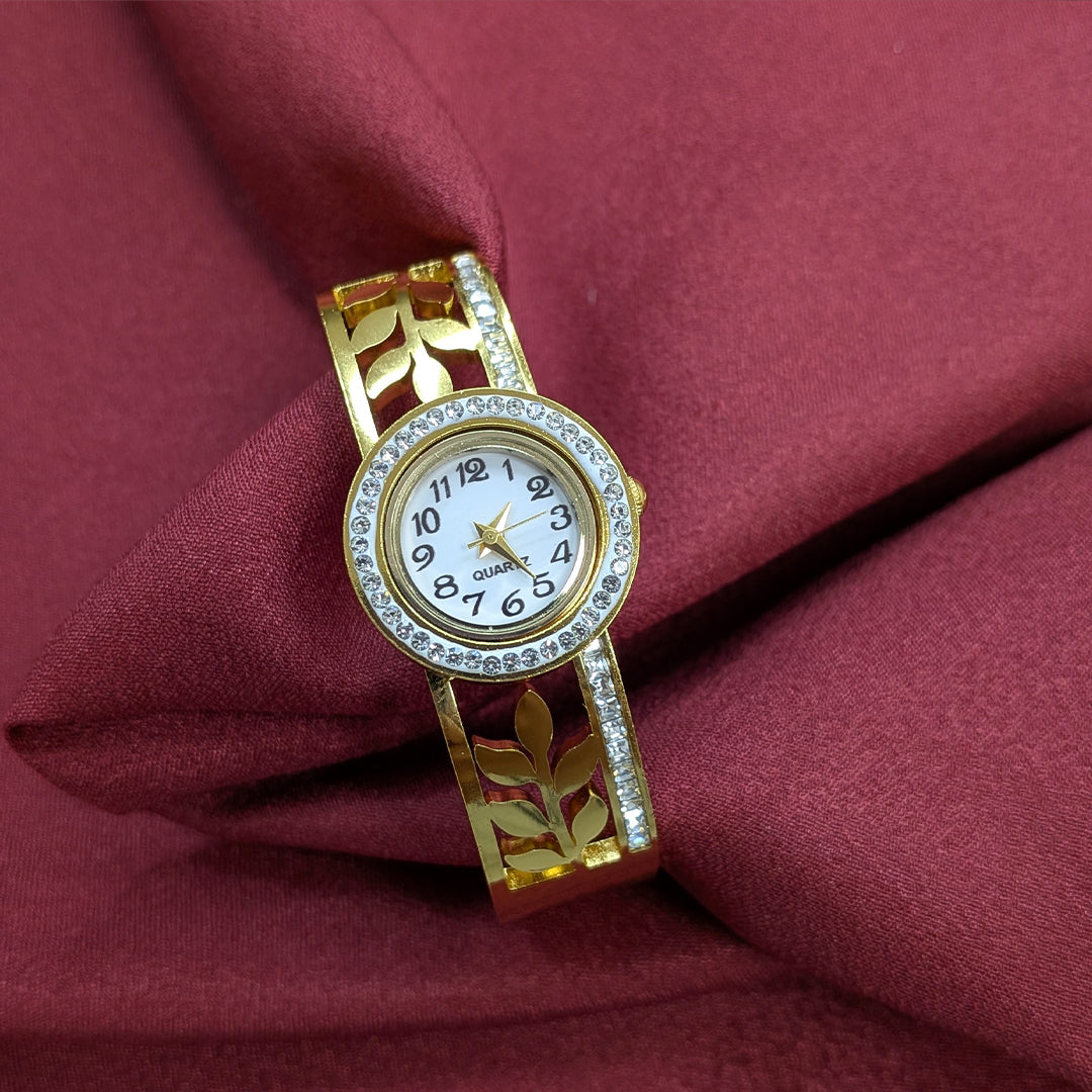 Classic Analog AD Studded Leaves Design Band Bracelet Watch For Girls & Women