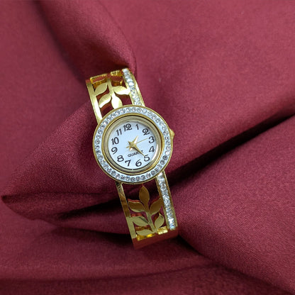 Classic Analog AD Studded Leaves Design Band Bracelet Watch For Girls & Women