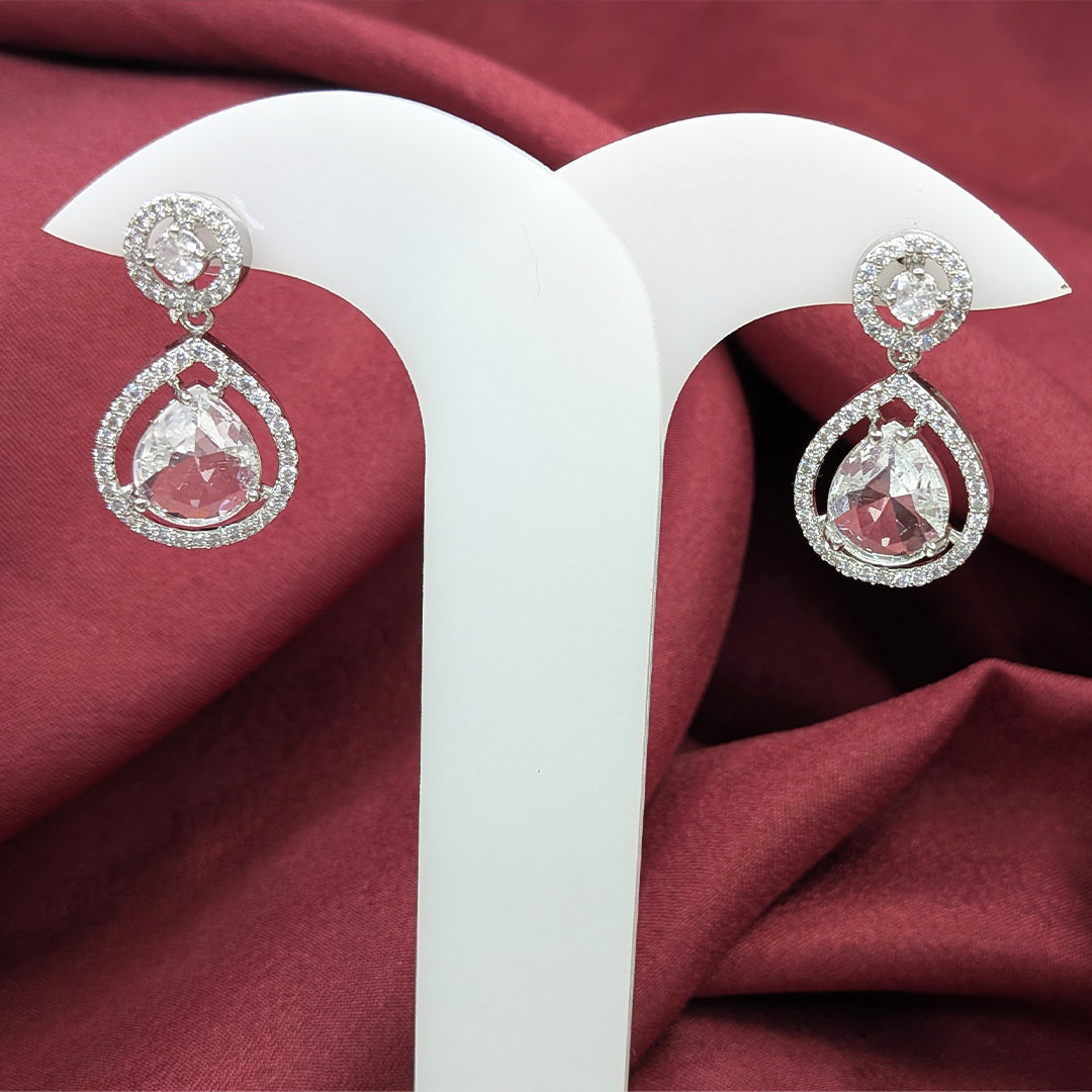 Silver Finish Teardrop AD Stone Drop Earrings for Girls & Women