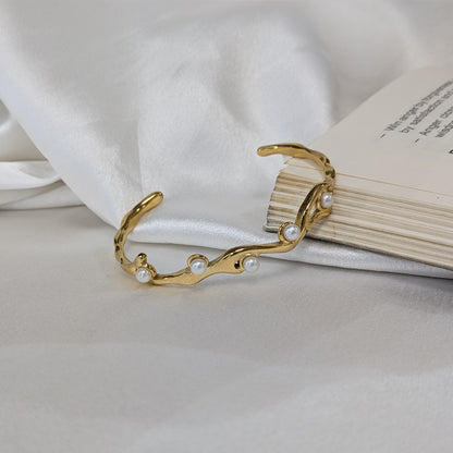 Gold Finish Organic Wavy Pearl Cuff Bracelet For Girls & Women