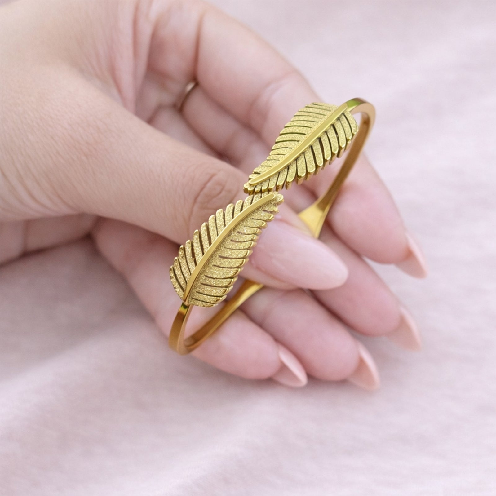18K Gold Plated Feather Design Open Cuff Bracelet for Women & Girls