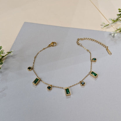 Gold Finish Rectangular & Round Gems Accent Chain Bracelet For Women (Anti-Tarnish)